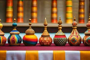 colorful wooden vases on a table. AI-Generated photo