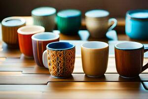 a row of colorful coffee cups on a table. AI-Generated photo