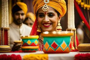 a bride in traditional indian attire smiles for the camera. AI-Generated photo