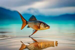 a fish is standing on the water with its reflection. AI-Generated photo