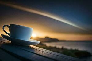 a cup of coffee on a wooden table overlooking the ocean. AI-Generated photo