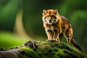 un rojo lobo en pie en parte superior de un musgo cubierto roca. generado por ai foto