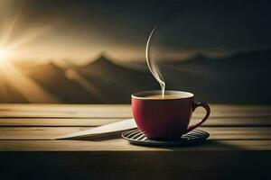 a cup of coffee on a wooden table with a mountain in the background. AI-Generated photo
