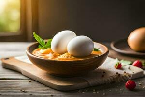 eggs in a bowl with a spoon. AI-Generated photo