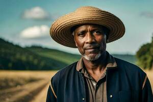 an african man wearing a hat stands in a field. AI-Generated photo