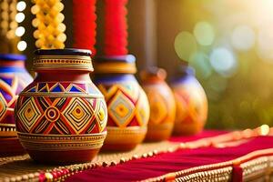 colorful pottery on a table with a red cloth. AI-Generated photo