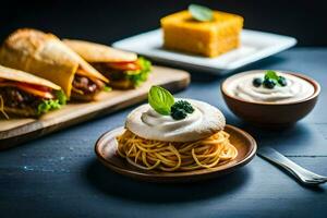 espaguetis y albóndigas en un de madera mesa. generado por ai foto