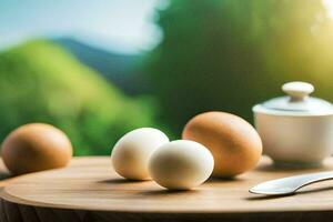 eggs and a spoon on a table. AI-Generated photo