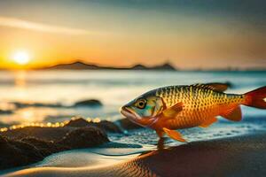 un pescado en el playa a puesta de sol. generado por ai foto