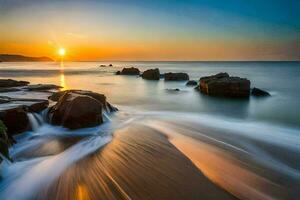 the sun sets over the ocean in this long exposure photograph. AI-Generated photo
