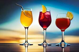 three glasses of different drinks with a sunset in the background. AI-Generated photo