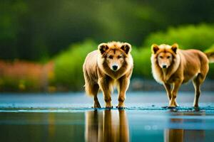 dos marrón leones caminando a través de un lago. generado por ai foto