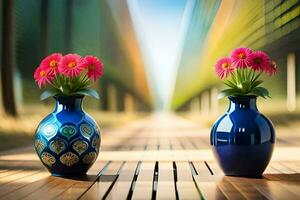 two blue vases with pink flowers sitting on a wooden floor. AI-Generated photo