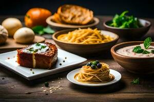 a table with various foods including pasta, bread and mushrooms. AI-Generated photo