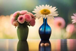 two vases with flowers sitting on a table. AI-Generated photo