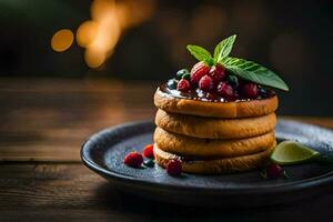 stack of pancakes with berries and mint leaves. AI-Generated photo