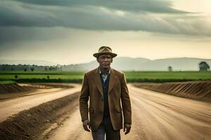 a man in a hat and jacket walking down a dirt road. AI-Generated photo