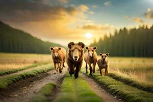 a group of brown bears walking on a dirt road. AI-Generated photo