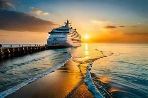 el crucero Embarcacion es atracado a el muelle a puesta de sol. generado por ai foto