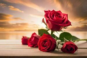 roses on a wooden table with sunset in the background. AI-Generated photo