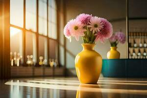 a yellow vase with pink flowers sitting on a table. AI-Generated photo