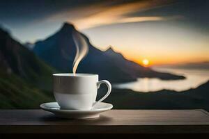 coffee cup on the table, mountains, sunrise, sunrise, sunrise, the sun, the. AI-Generated photo