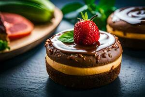 chocolate cake with strawberries and a slice of orange. AI-Generated photo