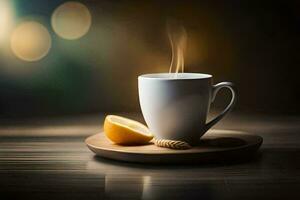 a cup of coffee with a slice of lemon on a wooden table. AI-Generated photo