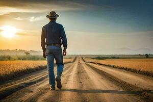 hombre caminando en un suciedad la carretera a puesta de sol. generado por ai foto