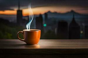 café taza en el mesa con ciudad en el antecedentes. generado por ai foto