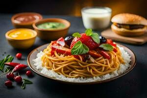 spaghetti with tomato, peppers and cheese on a plate. AI-Generated photo