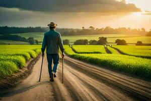 a man walking on a dirt road with a cane. AI-Generated photo