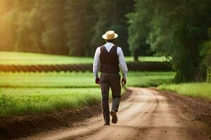 un hombre en un sombrero y traje caminando abajo un suciedad la carretera. generado por ai foto