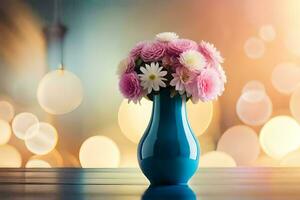 un azul florero con rosado flores en un mesa. generado por ai foto