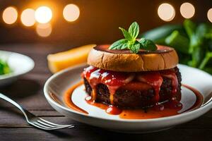 un hamburguesa con tomate salsa en un lámina. generado por ai foto