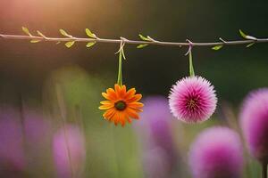 two flowers hanging from a branch in a field. AI-Generated photo