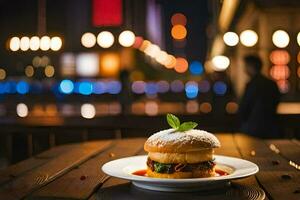 a burger sitting on a plate on a wooden table. AI-Generated photo