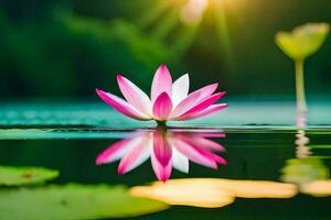 lotus flower in the water with the sun shining. AI-Generated photo