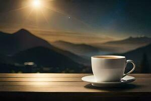 a cup of coffee on a wooden table in front of a mountain view. AI-Generated photo