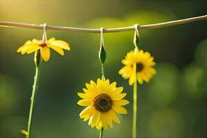 sunflowers hanging from a clothesline. AI-Generated photo
