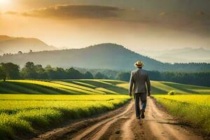 man walking on a dirt road in the middle of a field. AI-Generated photo