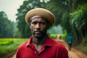 a man in a red shirt and hat standing on a dirt road. AI-Generated photo