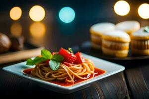 spaghetti with strawberry sauce and cupcakes on a wooden table. AI-Generated photo