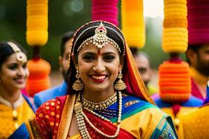 un mujer en tradicional indio atuendo sonrisas para el cámara. generado por ai foto