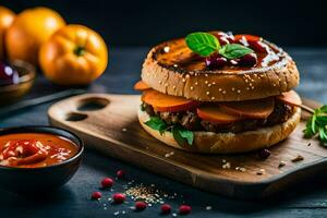 a hamburger with vegetables and sauce on a wooden cutting board. AI-Generated photo