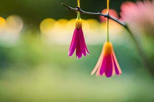 two pink flowers hanging from a branch. AI-Generated photo