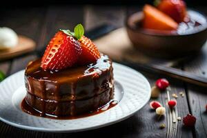 a dessert with strawberries and chocolate sauce. AI-Generated photo