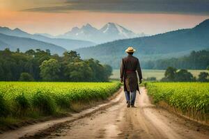 a man in a cowboy hat walks down a dirt road in front of a green field. AI-Generated photo