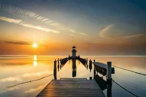 photo wallpaper the sky, water, dock, lighthouse, sunrise, the sun, lake, water. AI-Generated
