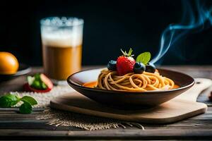 spaghetti with berries and orange juice on a wooden table. AI-Generated photo